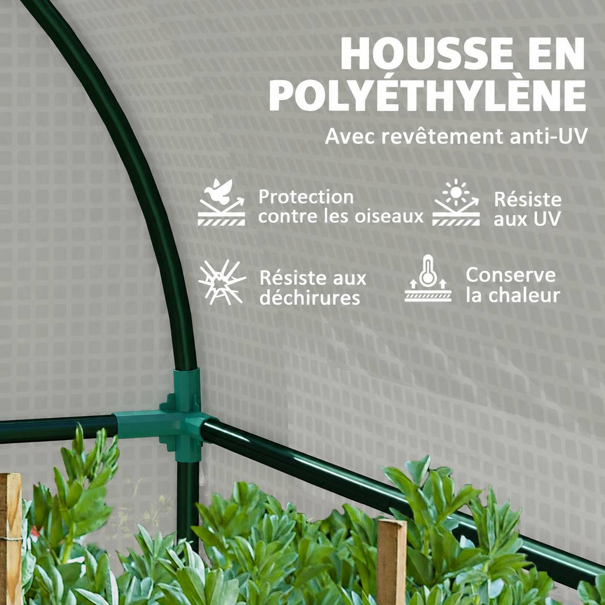 Détail intérieur de la housse blanche et des raccords de l’armature verte