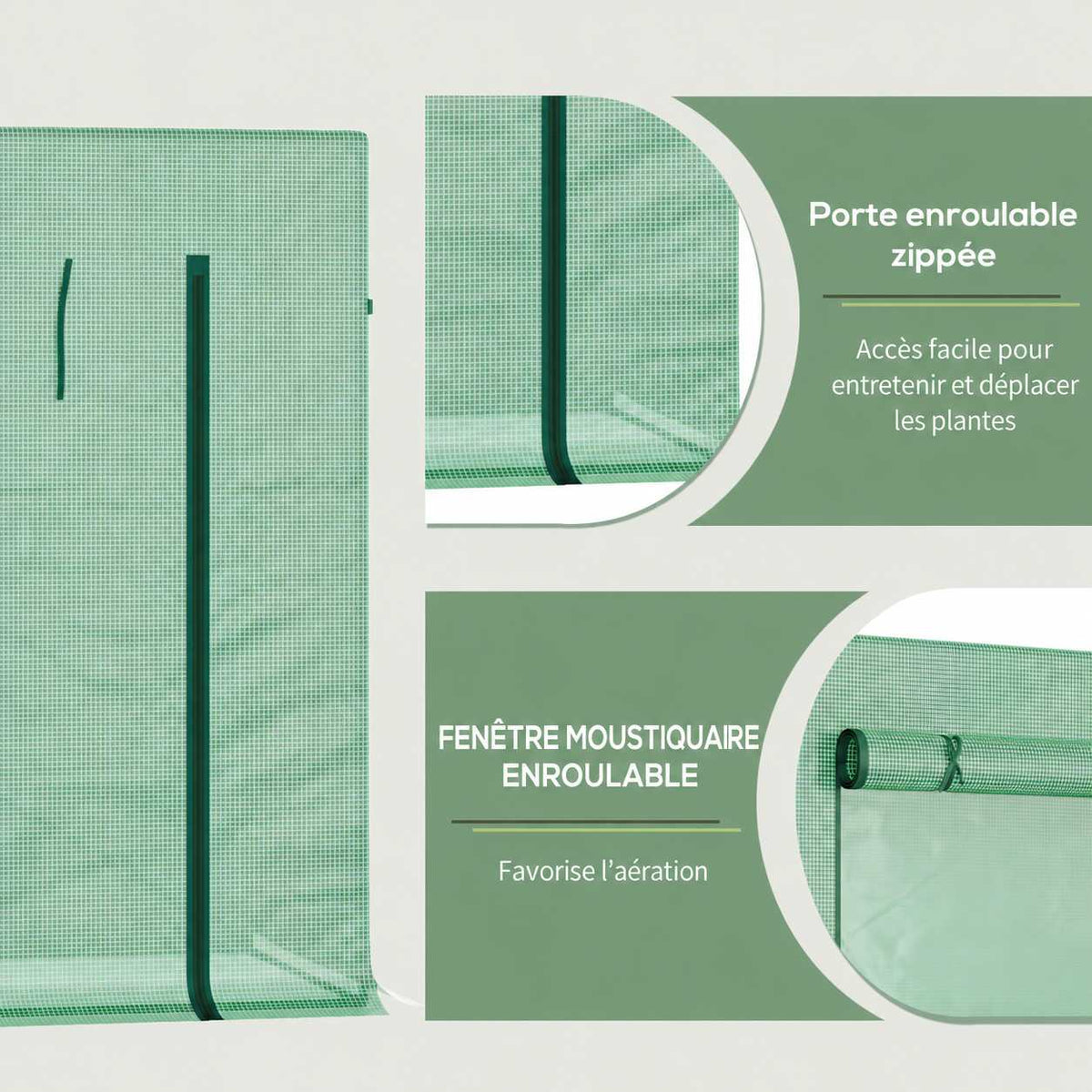 Détails de la porte zippée et de la fenêtre enroulable