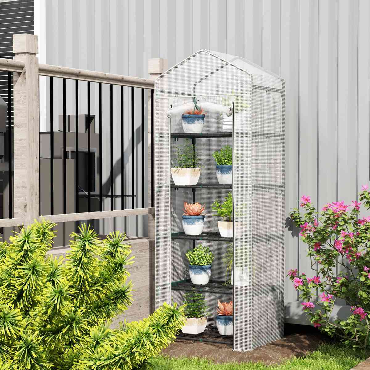 Mini serre transparente remplie de plantes près d’une terrasse