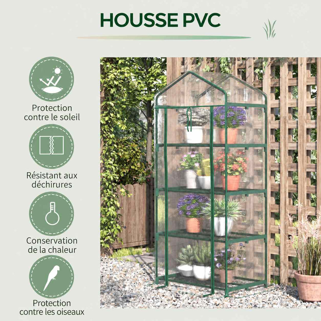 Serre transparente à quatre étagères et présentation de la housse PVC