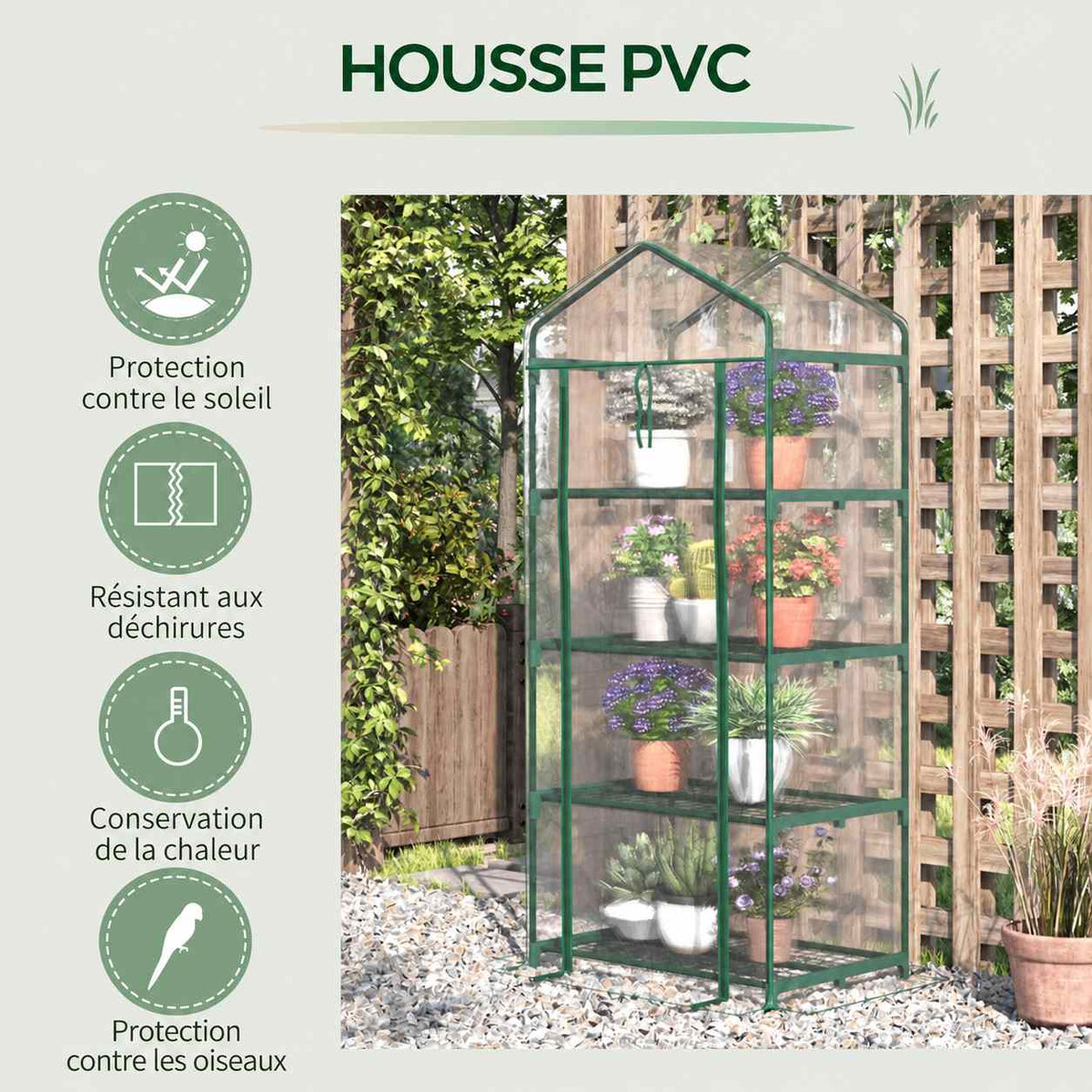 Serre transparente à quatre étagères et présentation de la housse PVC