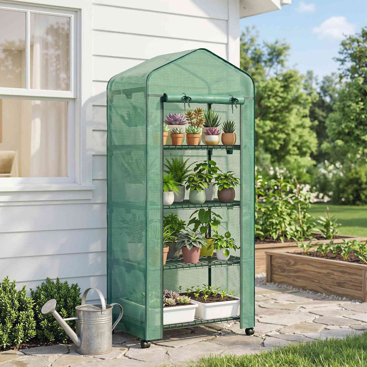 Mini serre verte à roulettes près d’une maison