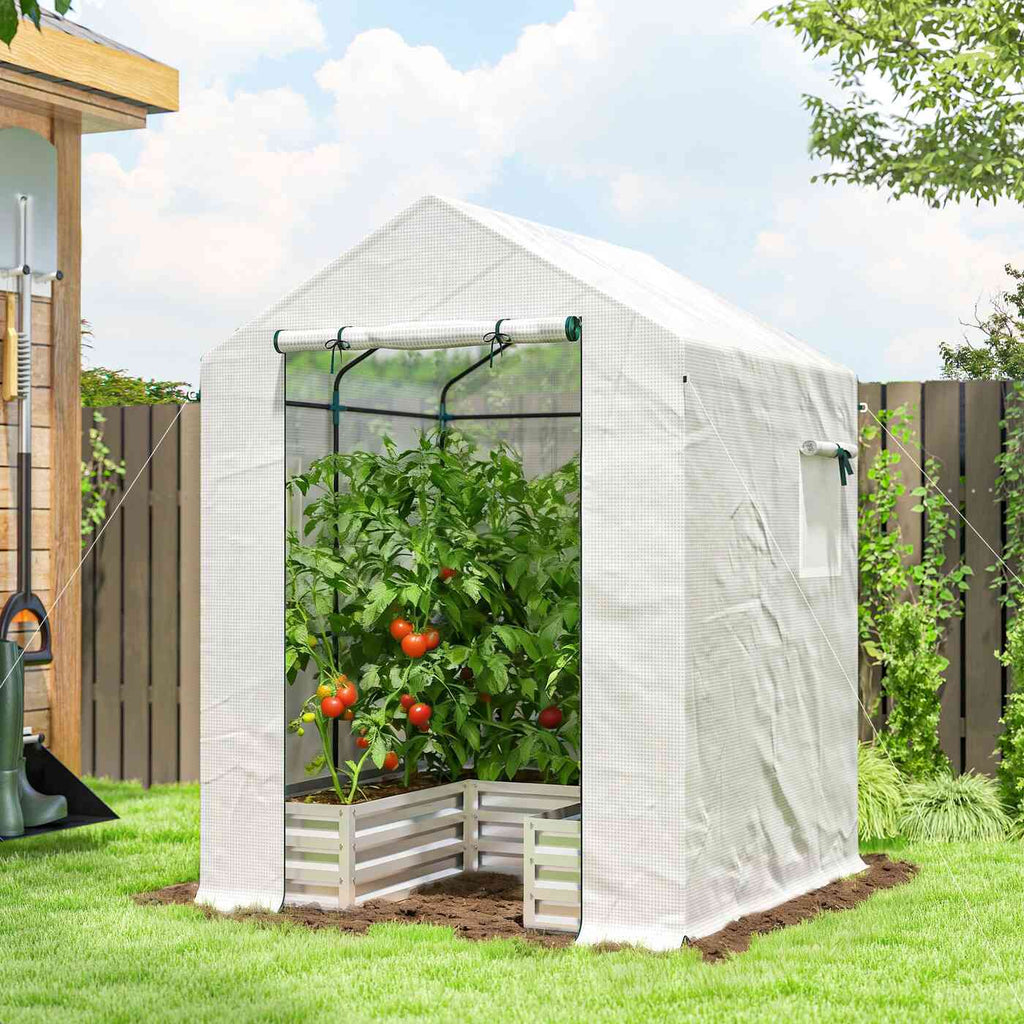 Serre blanche abritant des tomates dans un bac potager au jardin