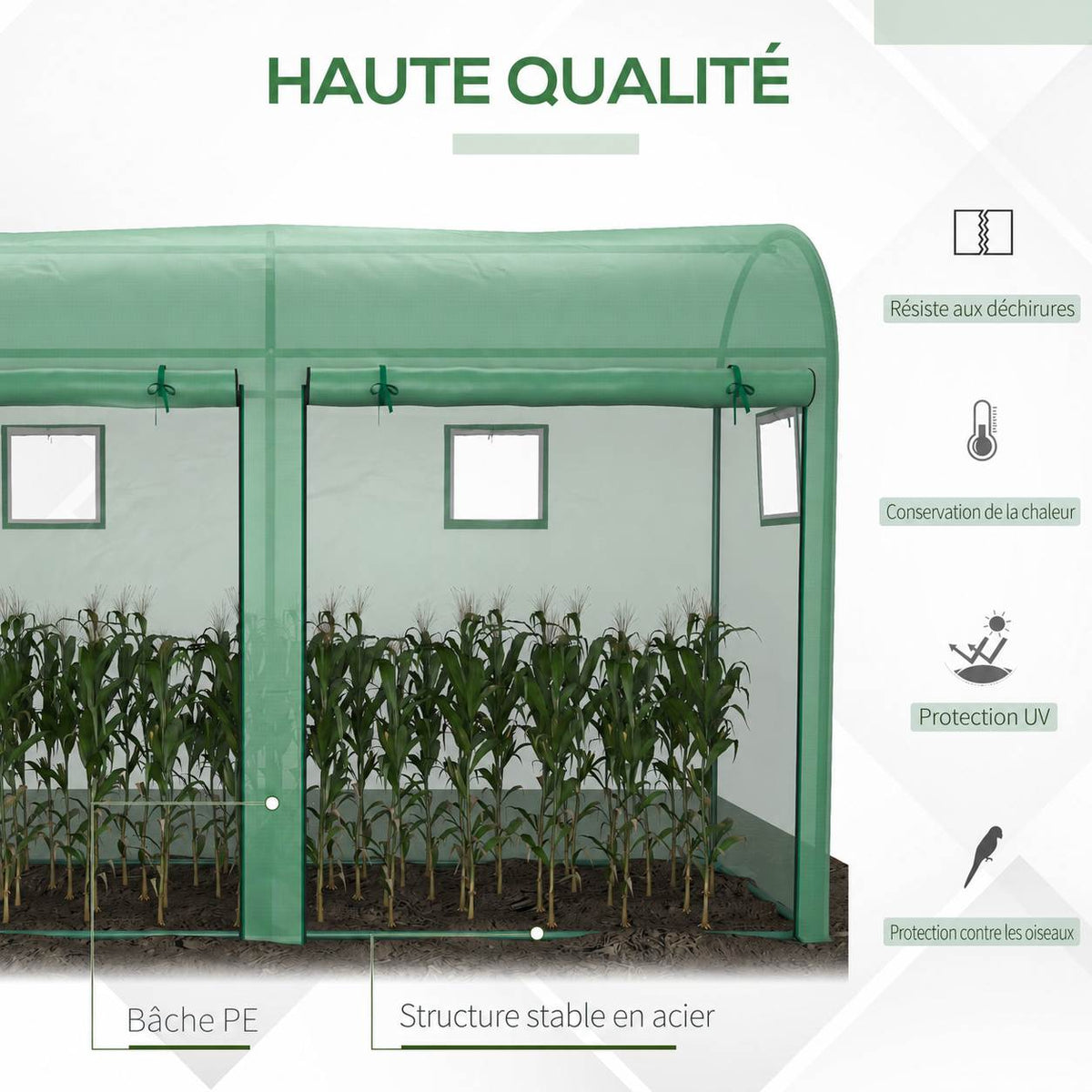 Présentation de la housse verte et du cadre de la serre à tomates