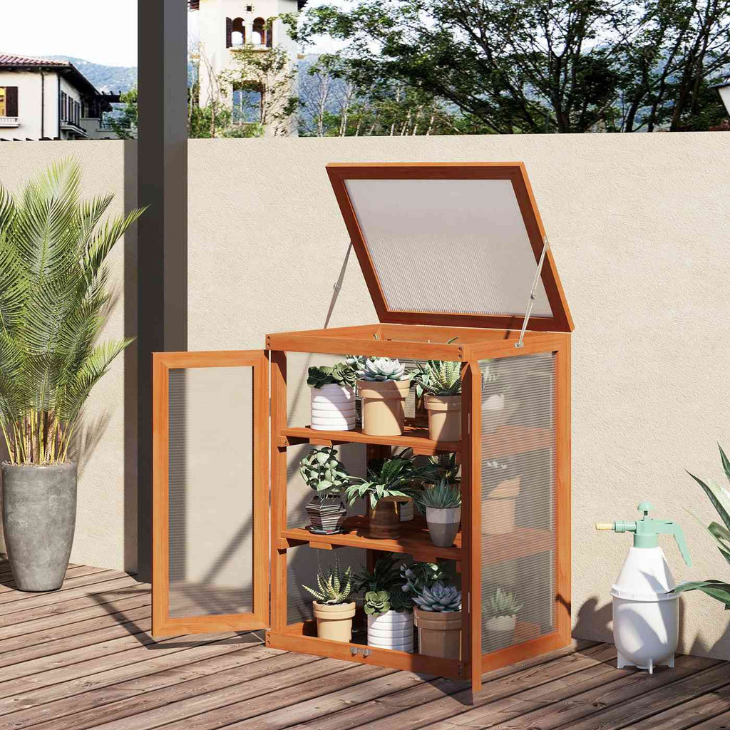 Serre en bois brun garnie de plantes sur une terrasse en bois