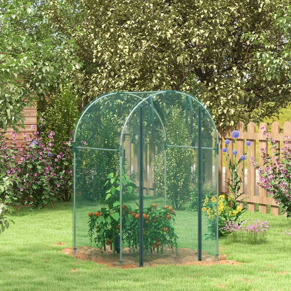 Cage fruitière verte protégeant des plantes au jardin