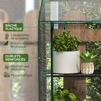 Détail de la housse transparente et des plantes en pots