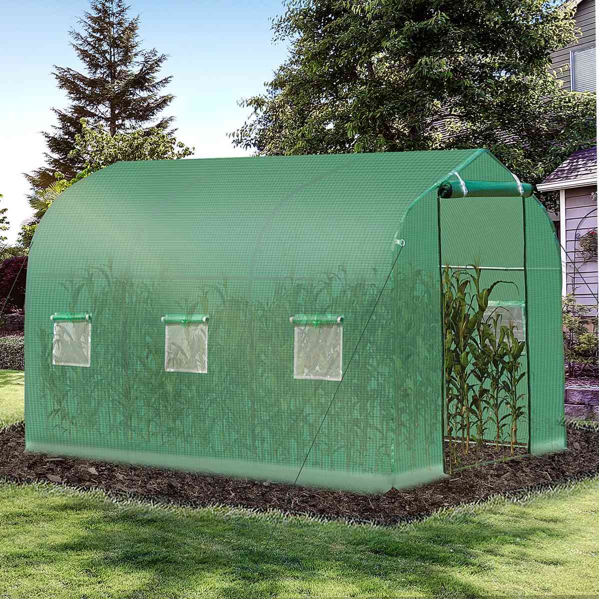 Serre tunnel verte contenant des plants dans un jardin