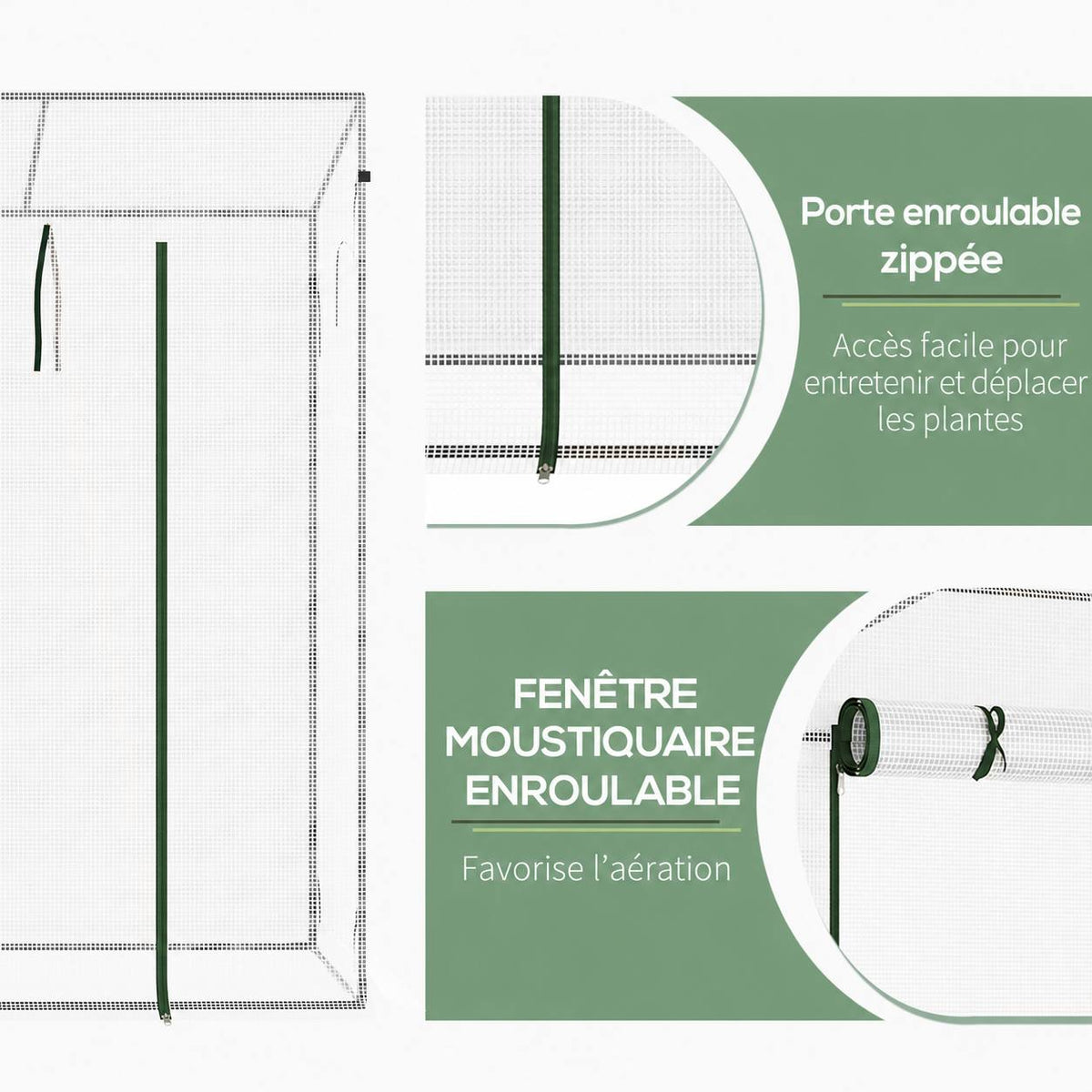 Détails de la porte zippée et de la fenêtre blanche enroulable