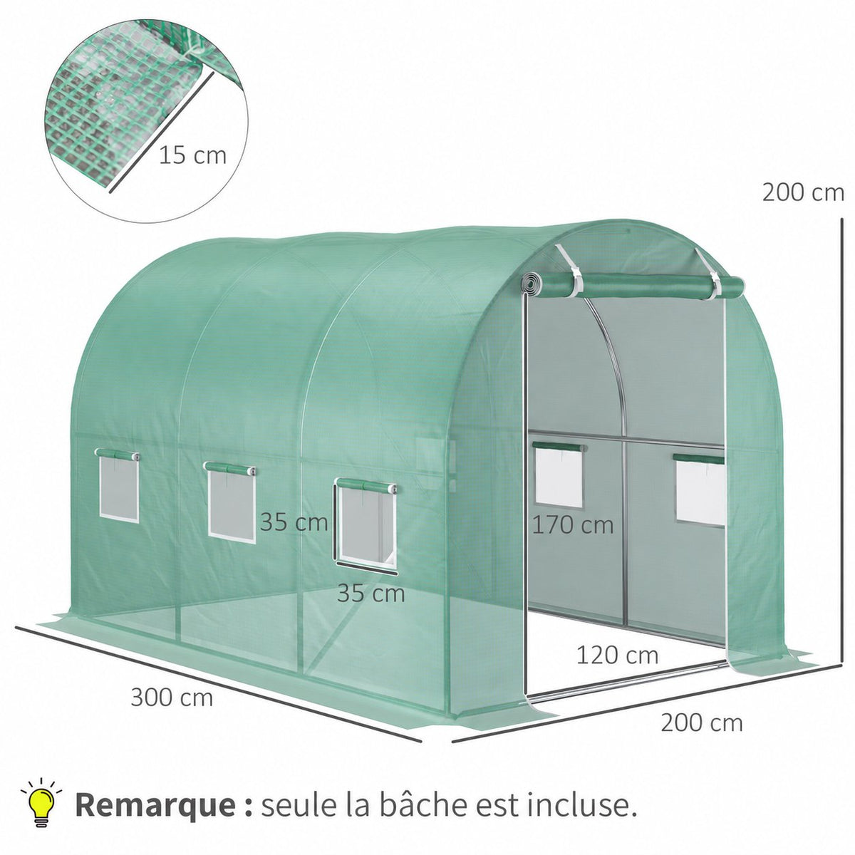 Dimensions de la bâche pour serre tunnel : 300 x 200 x 200 cm