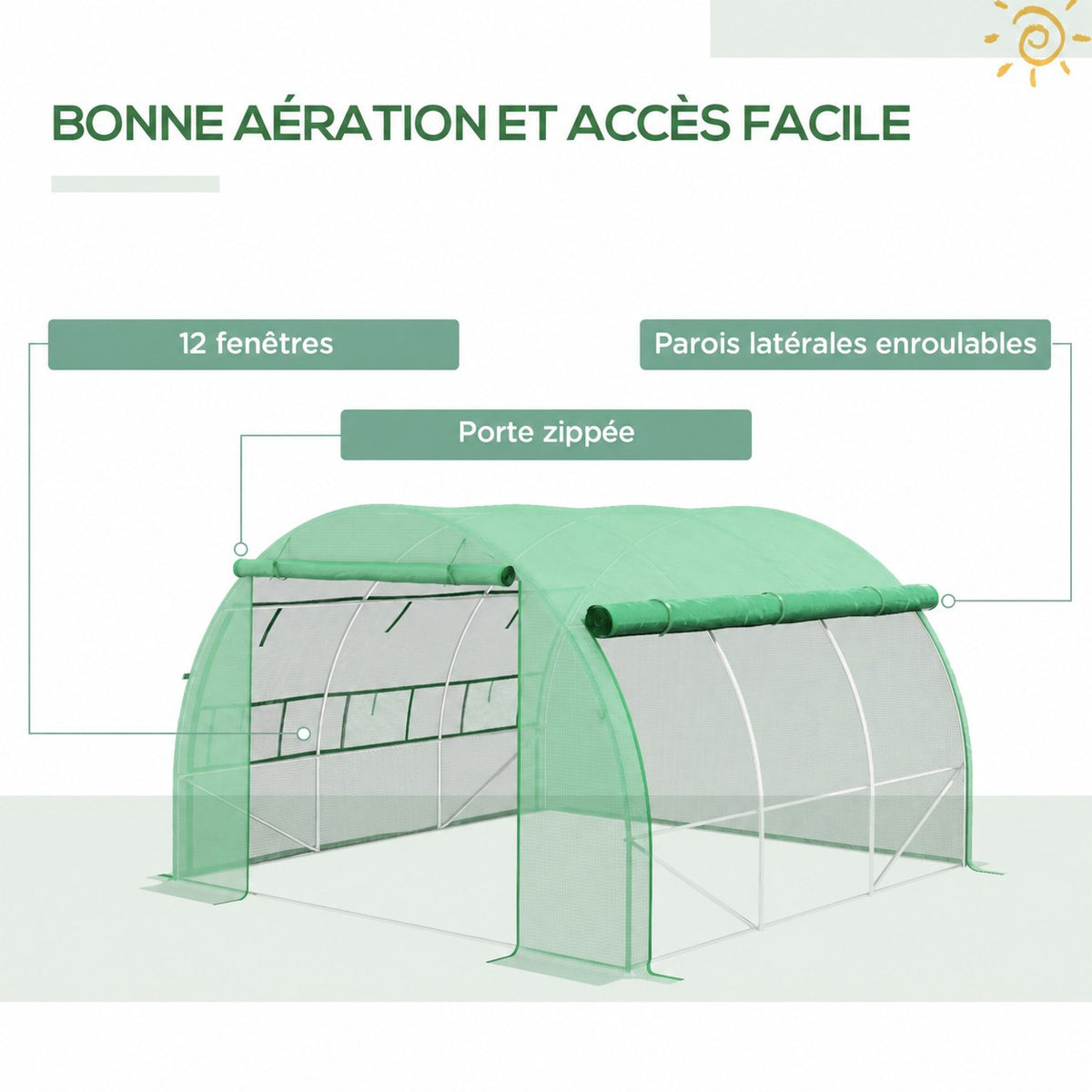 Serre verte avec côtés relevés et douze fenêtres