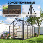 Serre au jardin et détails des ancrages et renforts d’angle