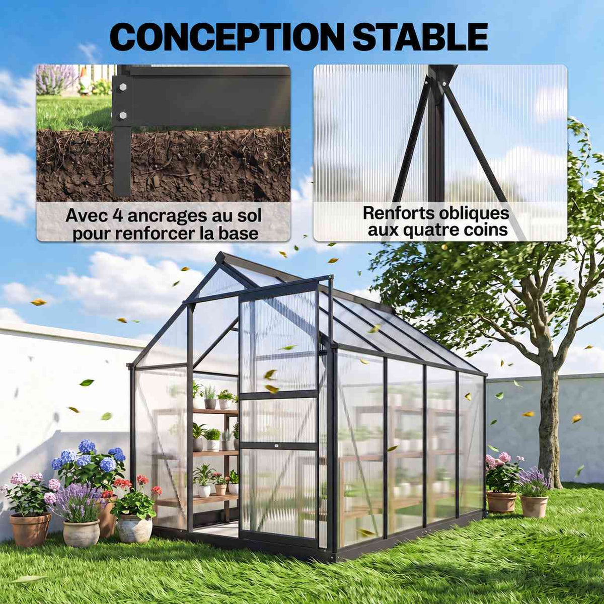 Serre au jardin et détails des ancrages et renforts d’angle