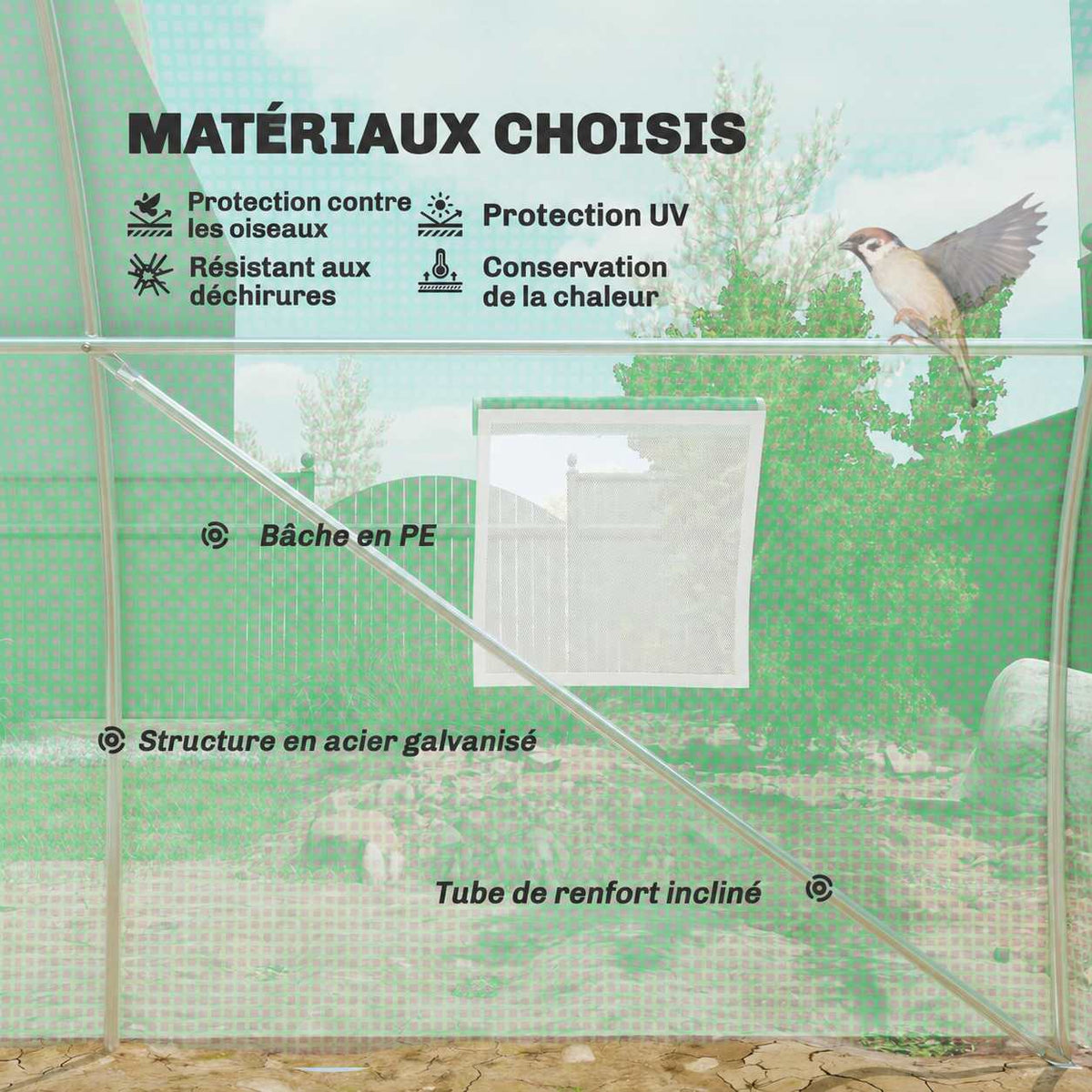 Détail intérieur de la housse verte et des tubes de serre
