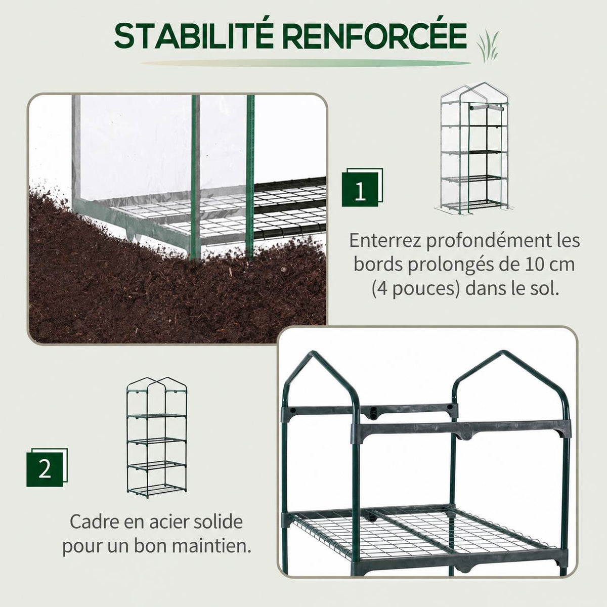 Structure de la serre à étagères et bord de bâche enterré