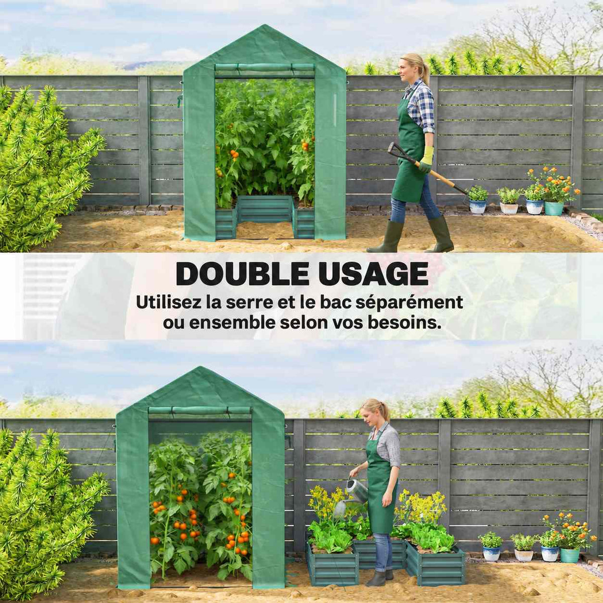 Serre verte et bac potager présentés ensemble puis séparément au jardin