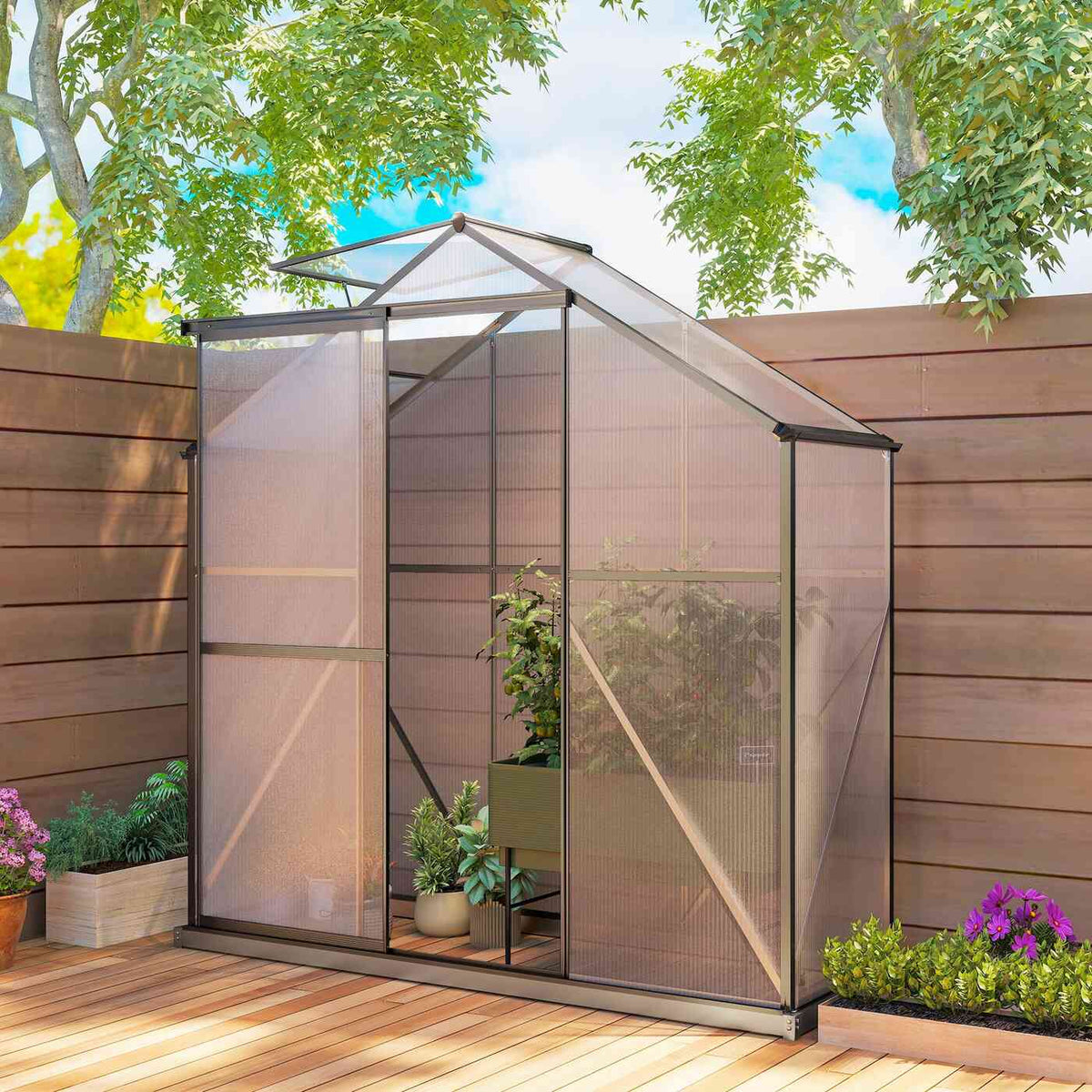 Serre étroite sur une terrasse en bois, porte ouverte sur une plante en pot