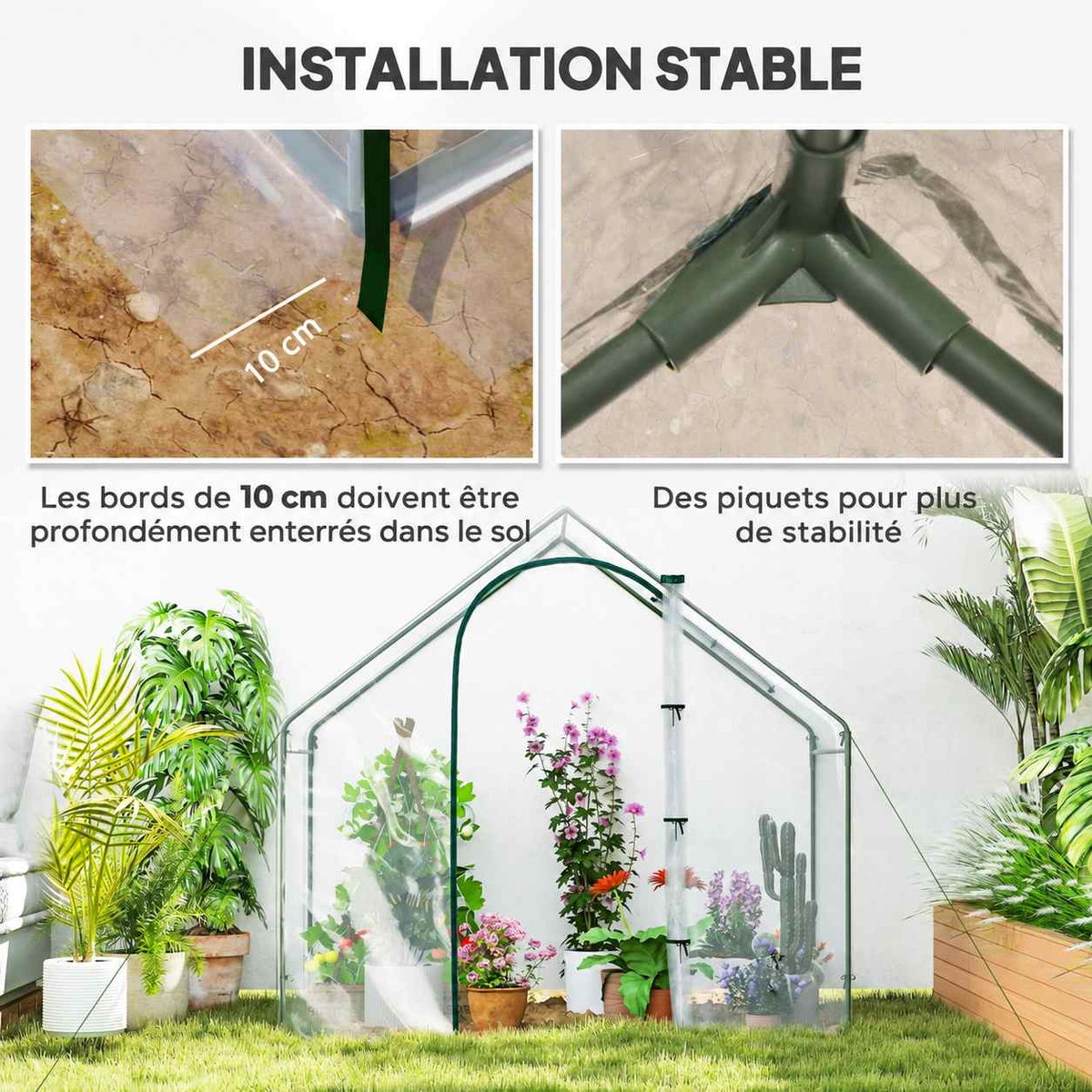 Serre transparente avec détails des piquets et du bord de housse