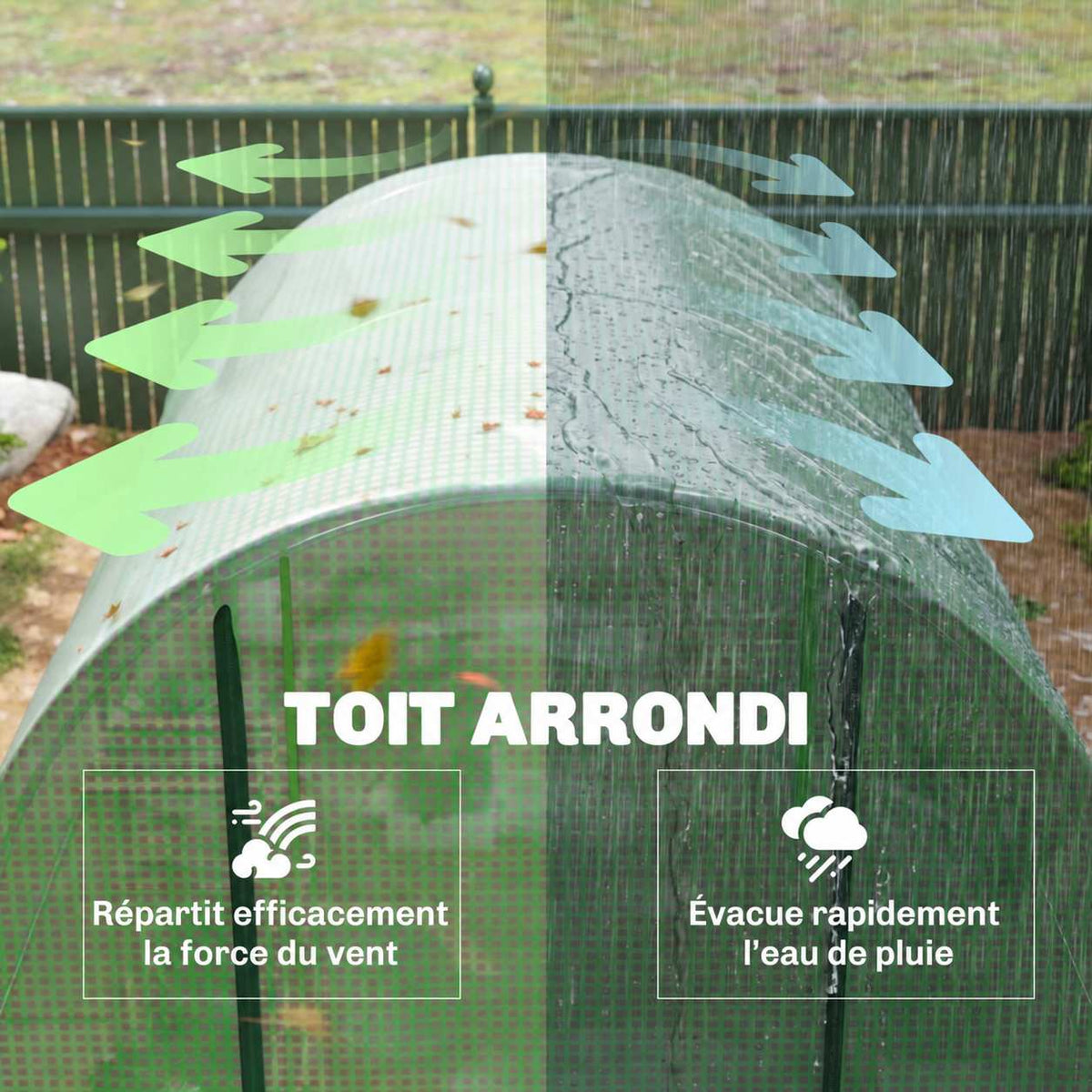 Toit arrondi de la serre avec illustration du vent et de la pluie