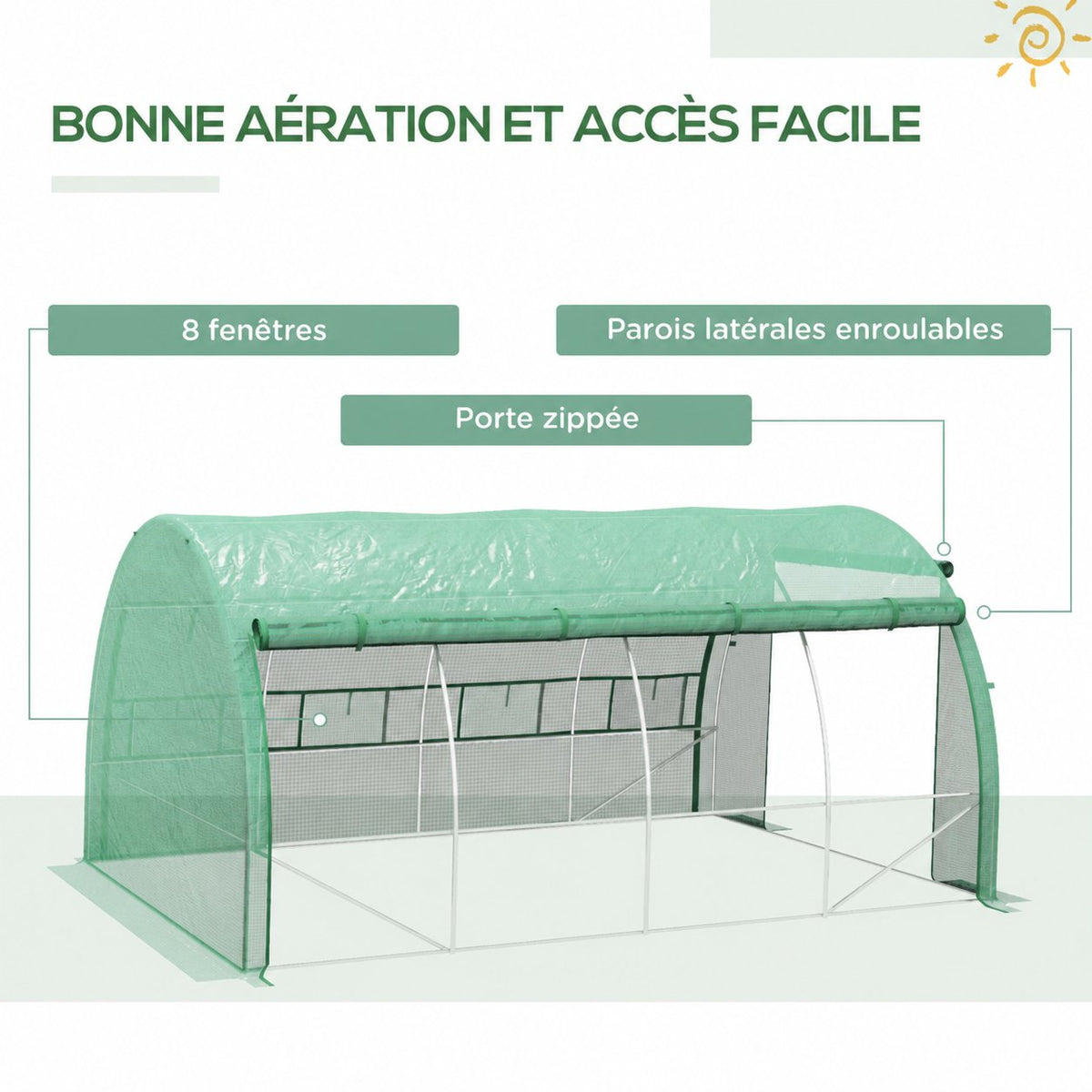 Serre verte avec côtés relevés et huit fenêtres