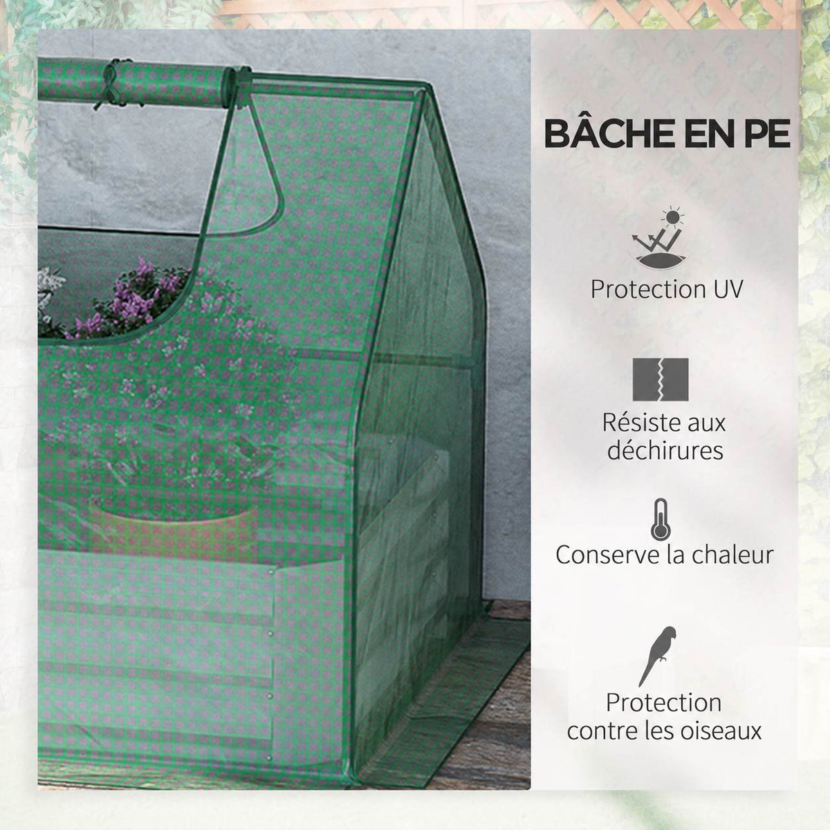 Détail de la bâche verte et de l’ouverture de serre