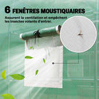 Détail d’une fenêtre à moustiquaire de la serre tunnel verte