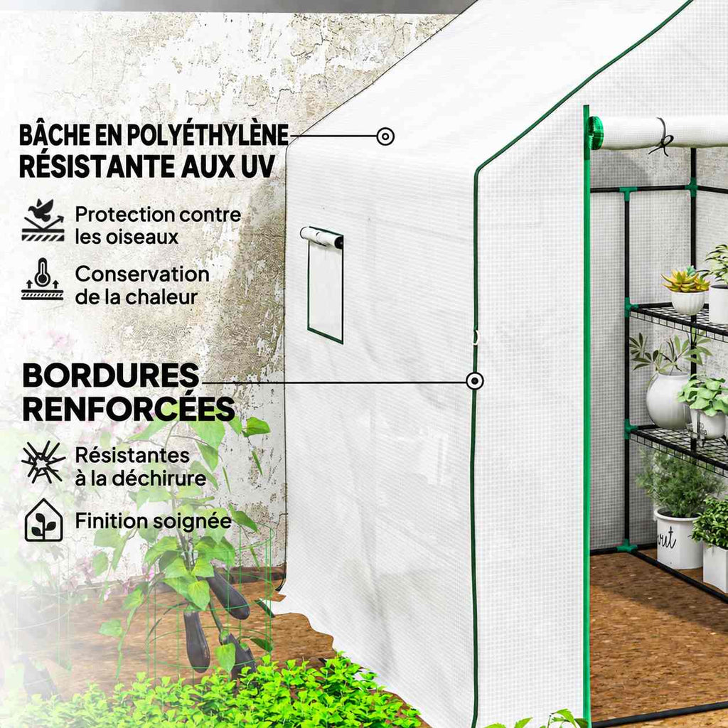 Détail de la housse blanche et des coutures renforcées de la serre