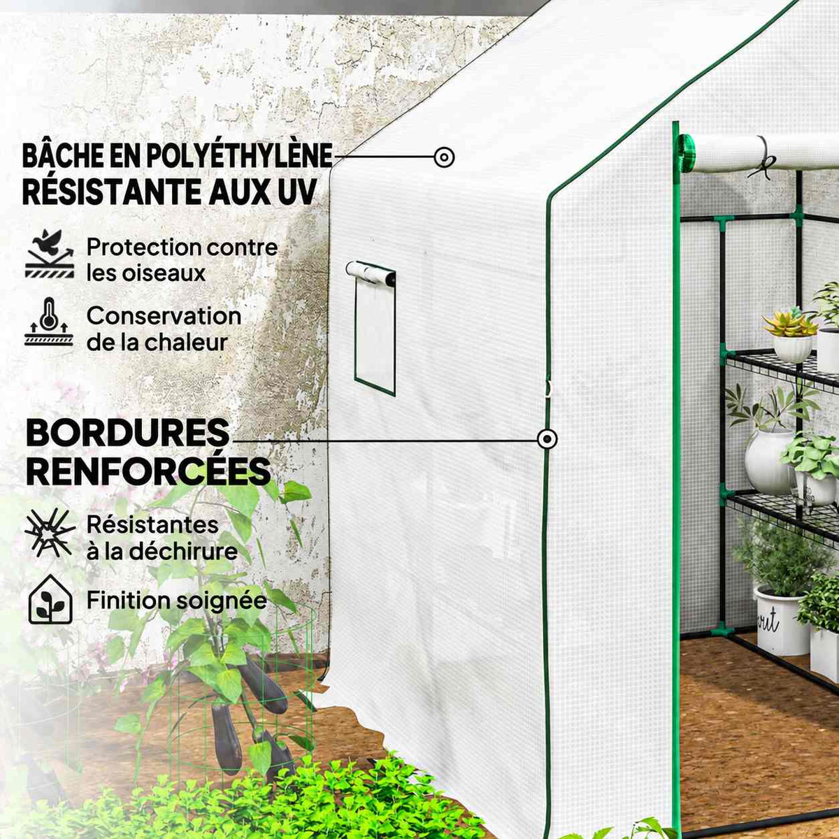 Détail de la housse blanche et des coutures renforcées de la serre