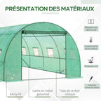 Présentation de la bâche verte et des renforts du cadre de la serre