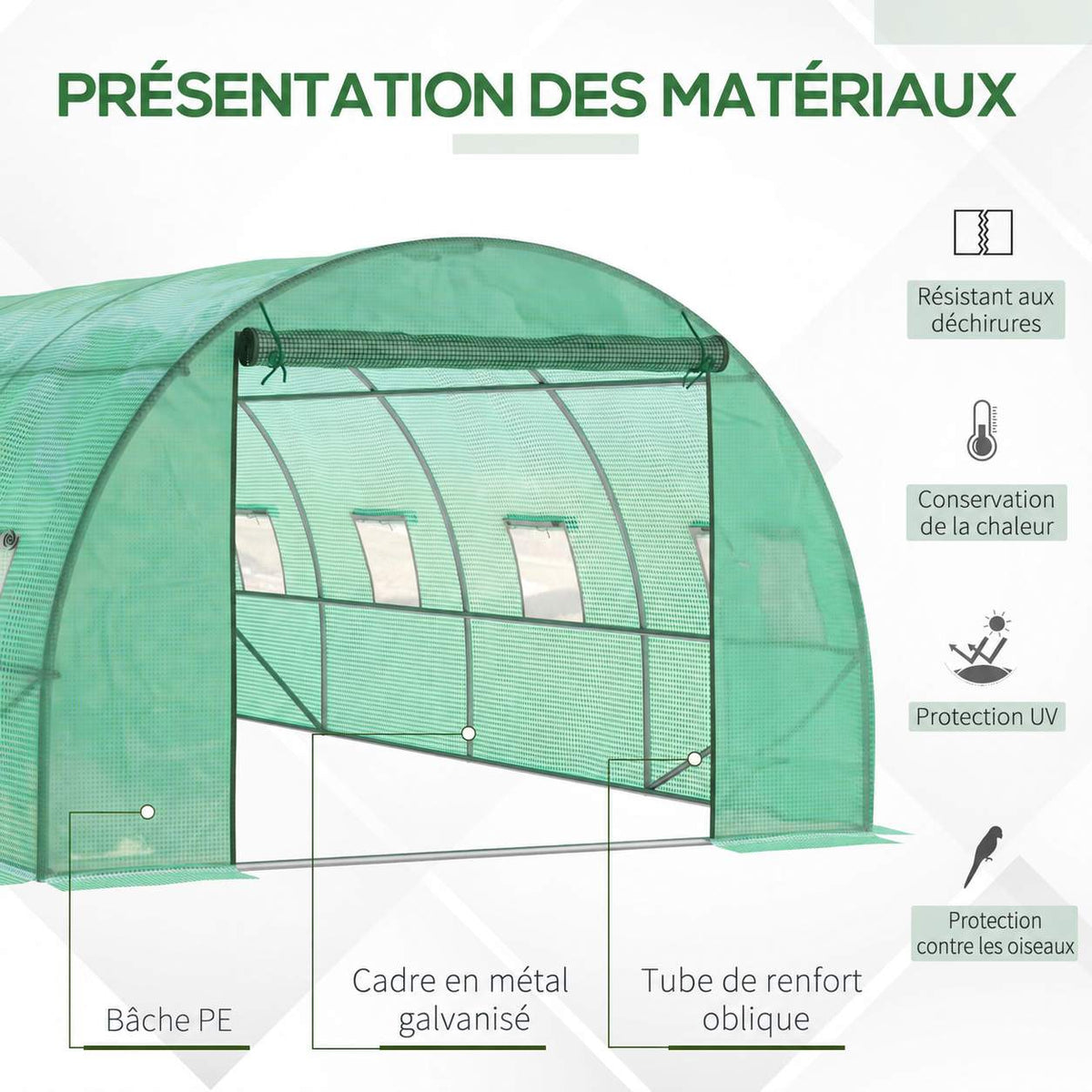Présentation de la bâche verte et des renforts du cadre de la serre