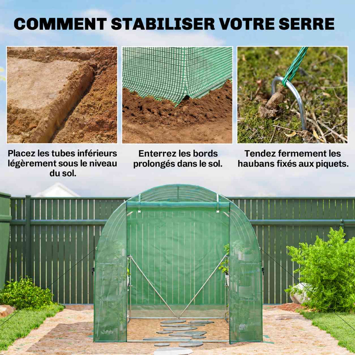 Illustrations de l’enterrement des bords et des haubans de la serre tunnel