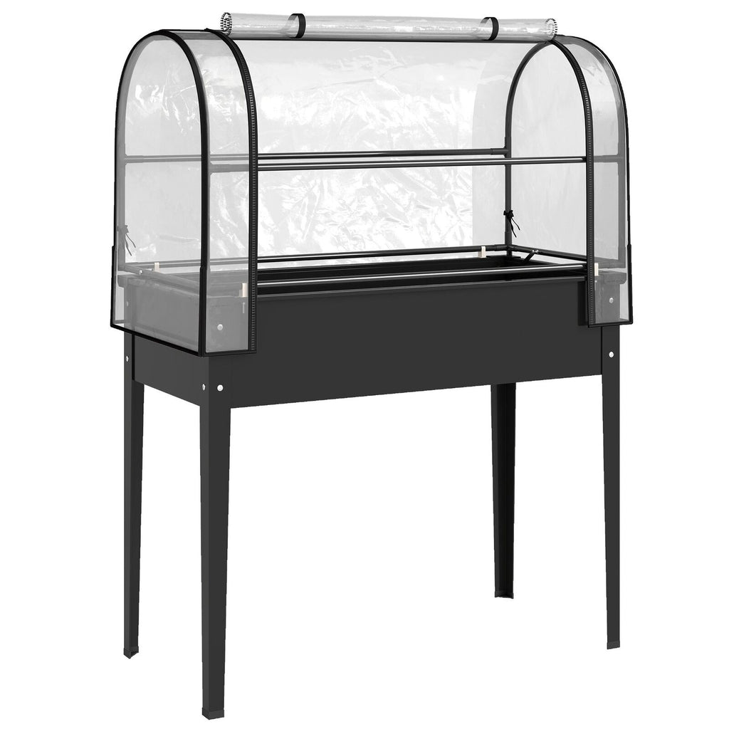 Bac potager noir sur pieds avec housse de serre transparente