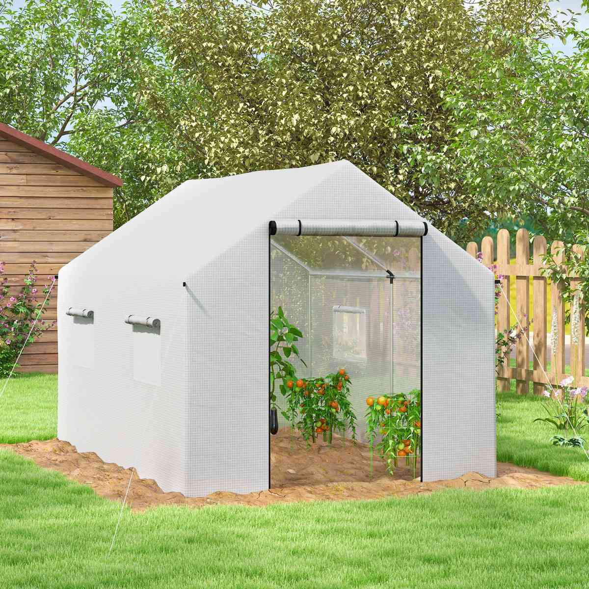 Serre blanche avec plants de tomates dans un jardin