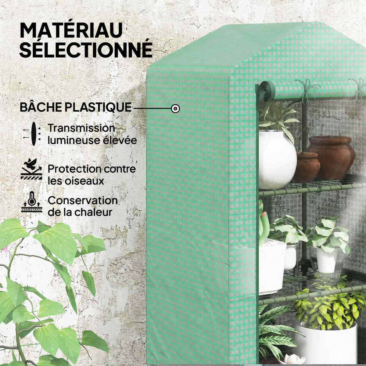 Détail de la housse verte quadrillée de la mini serre à étagères