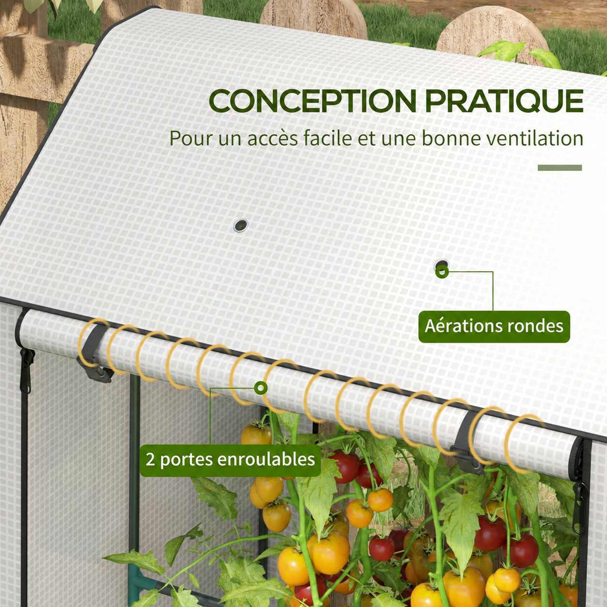 Serre blanche avec aérations rondes et deux portes enroulables