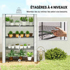 Serre de balcon avec quatre étagères et détail d’une tablette amovible