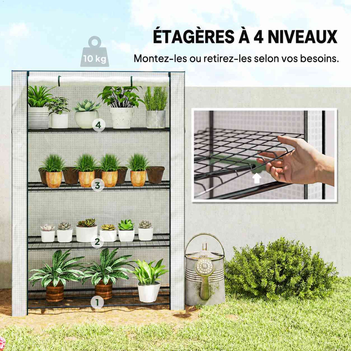 Serre de balcon avec quatre étagères et détail d’une tablette amovible