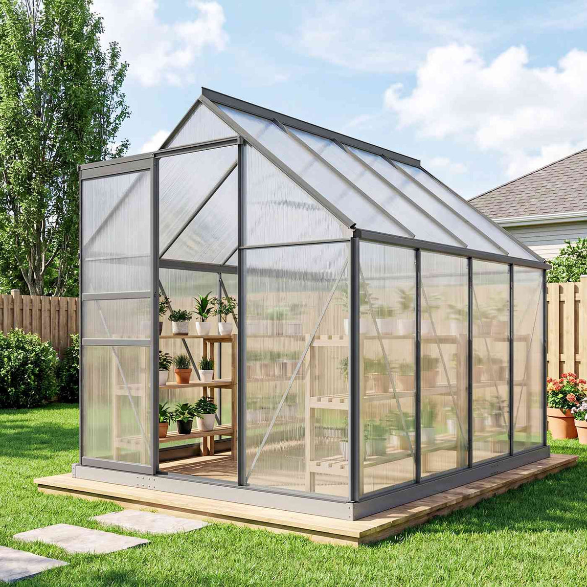 Serre grise avec plantes sur étagères sur une terrasse en bois
