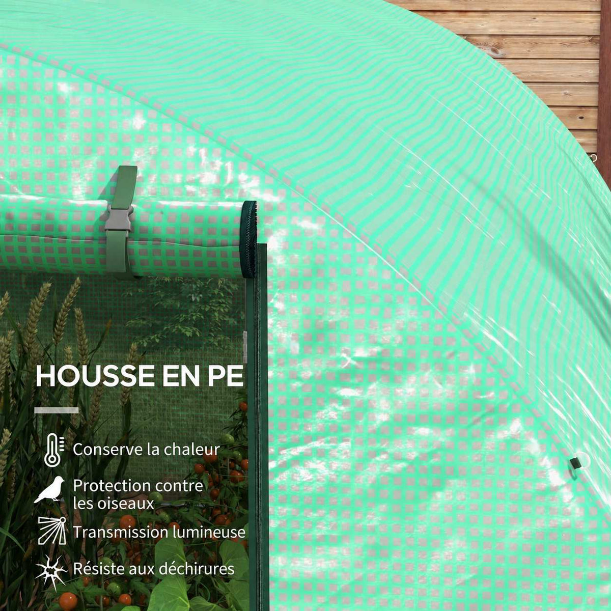 Gros plan de la bâche verte et du haut de la porte