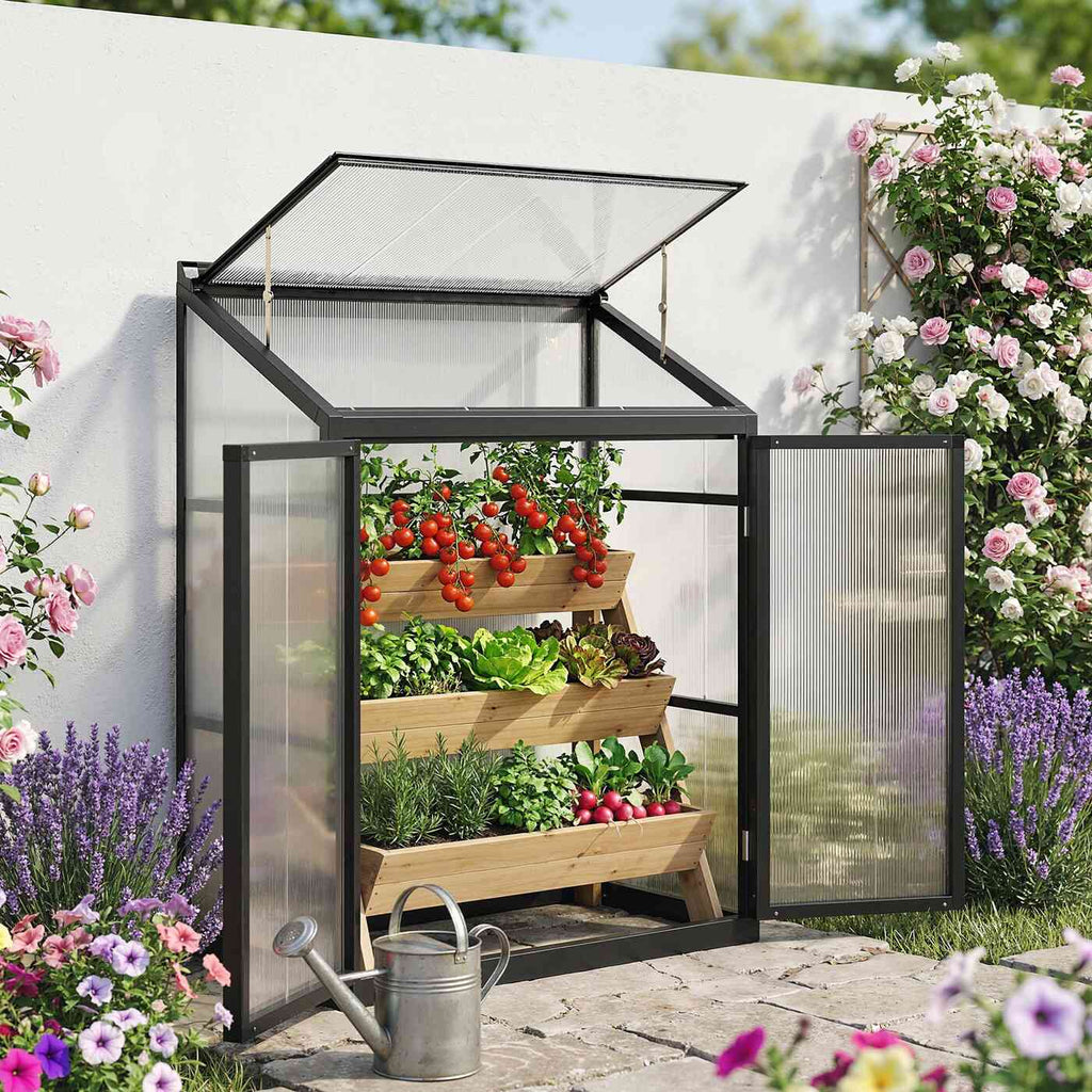 Serre adossée noire ouverte avec jardinières de légumes et arrosoir