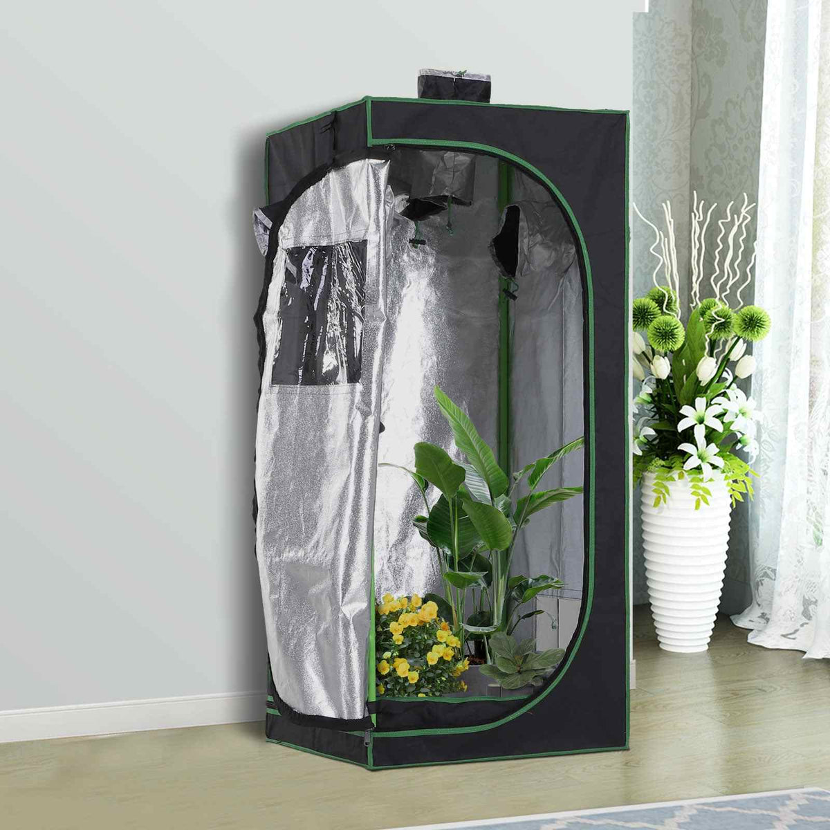 Chambre de culture ouverte avec plantes et intérieur réfléchissant