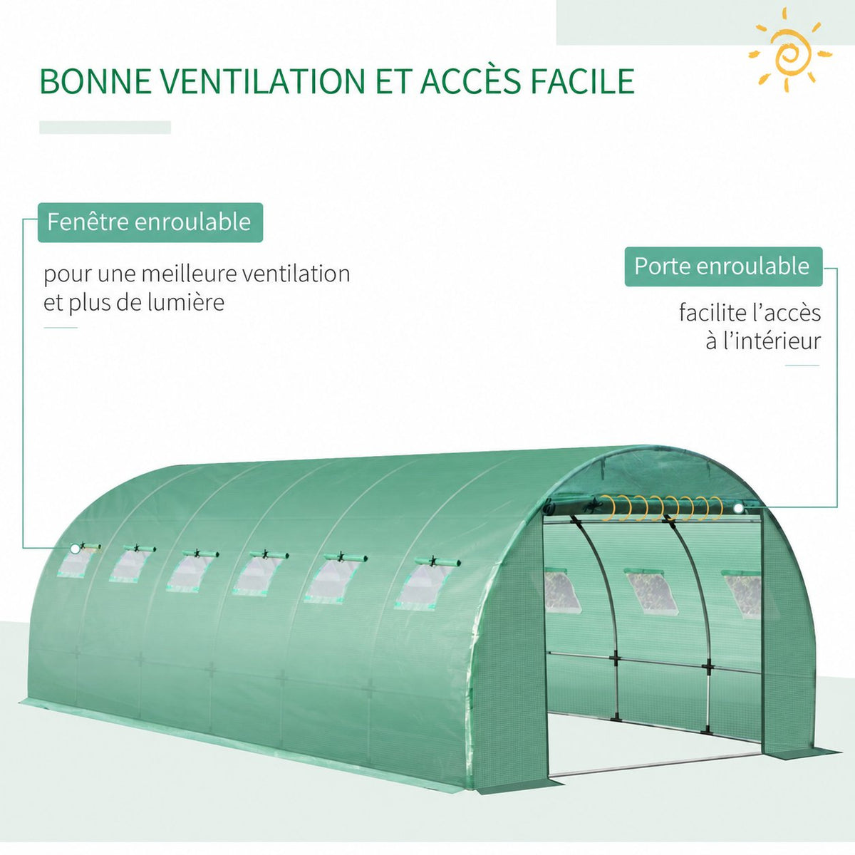 Présentation de la porte et des fenêtres enroulables de la bâche verte