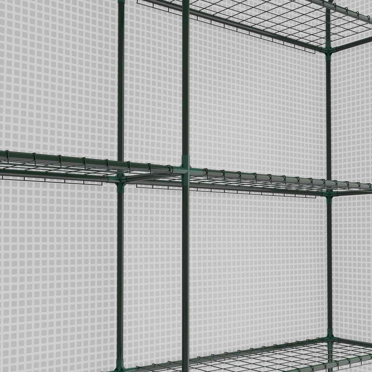 Étagères grillagées et armature à l’intérieur de la serre