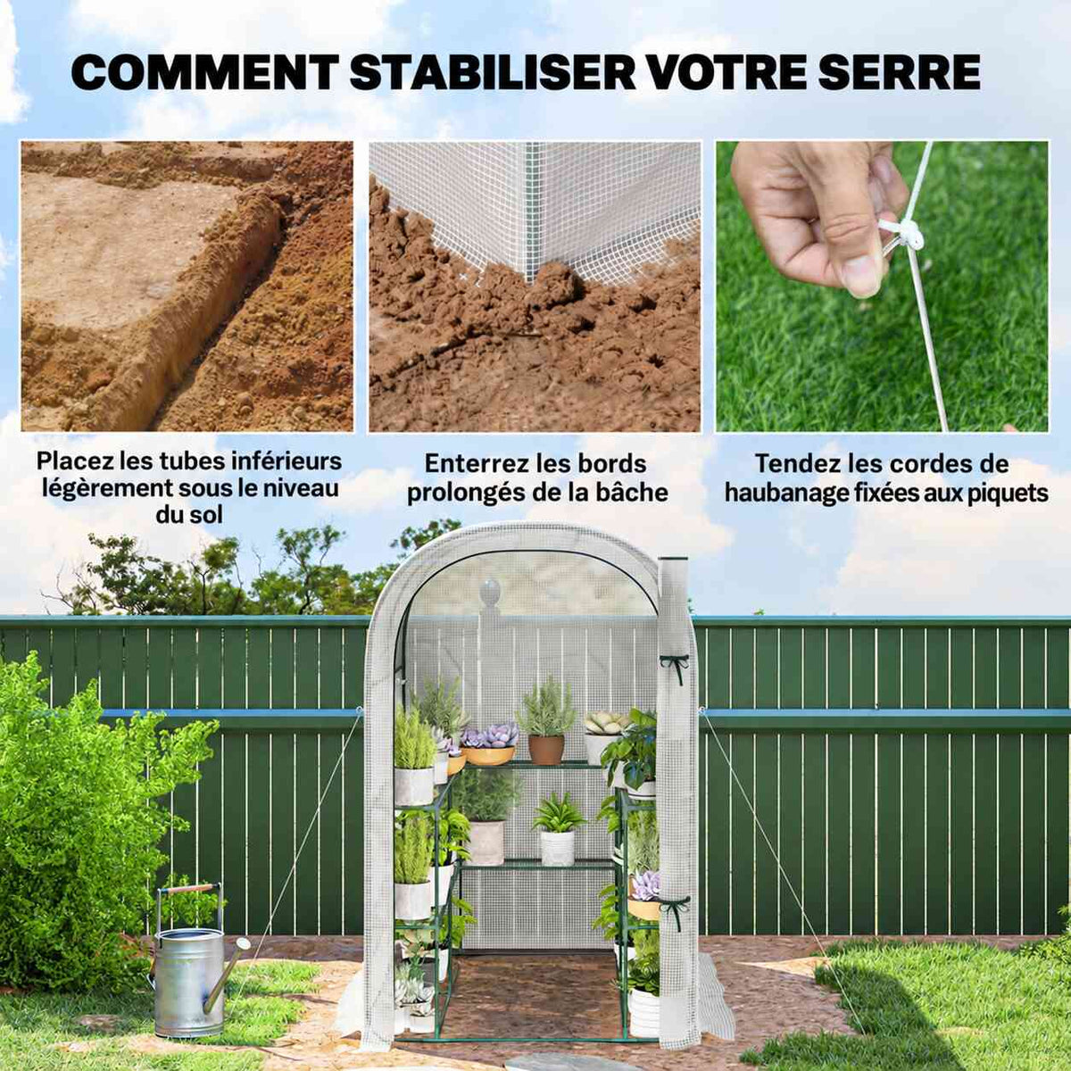 Serre blanche avec illustrations des haubans et du bord de housse à enterrer