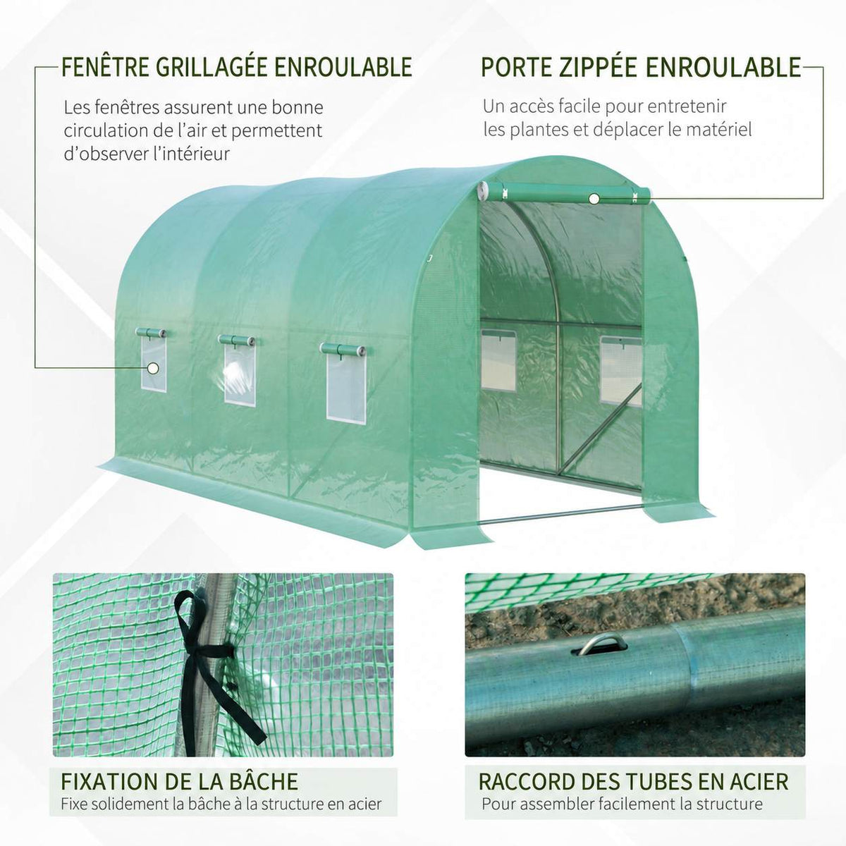 Détails de la porte, des fenêtres, des attaches et des raccords de serre