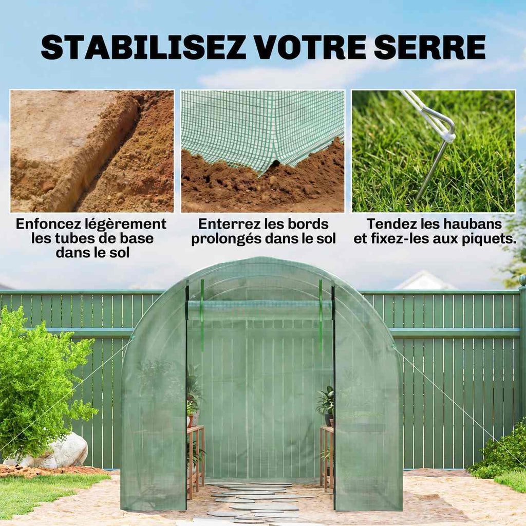 Serre verte avec détails des méthodes d’ancrage au sol