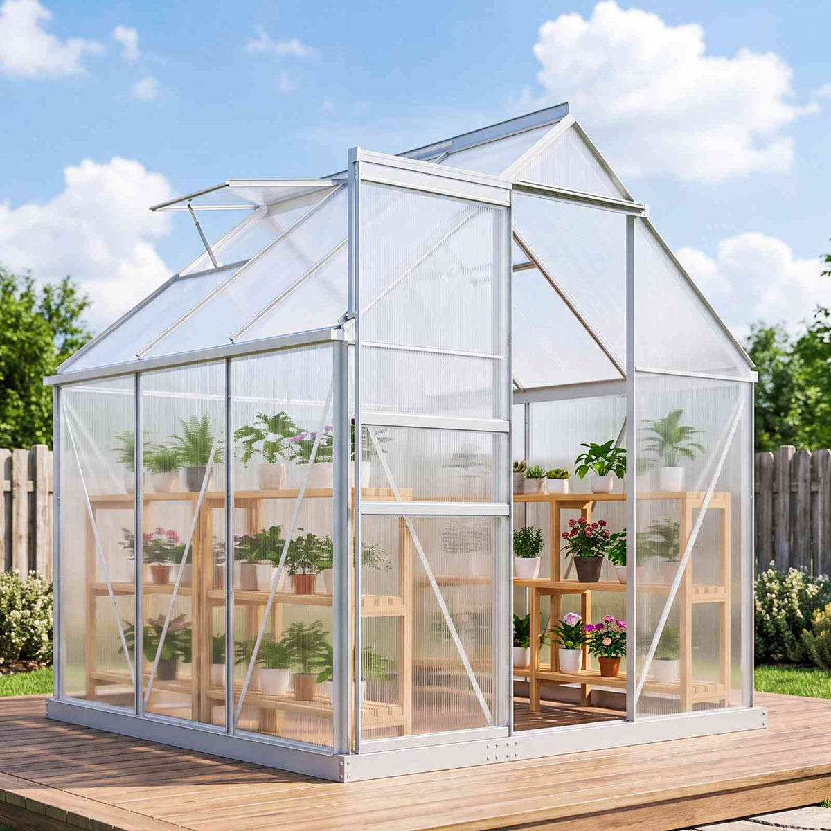Serre argentée aménagée de plantes en pots sur une terrasse en bois