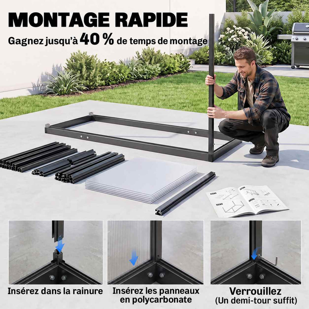 Homme assemblant la structure de la serre avec détails des raccords