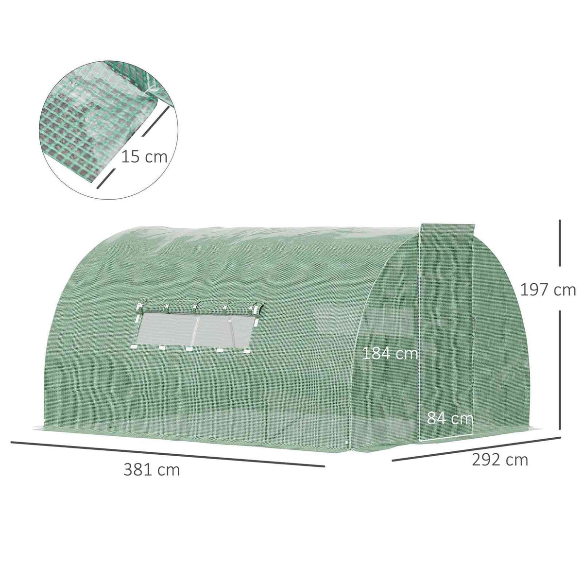 Dimensions de la serre tunnel verte : 381 x 292 x 197 cm