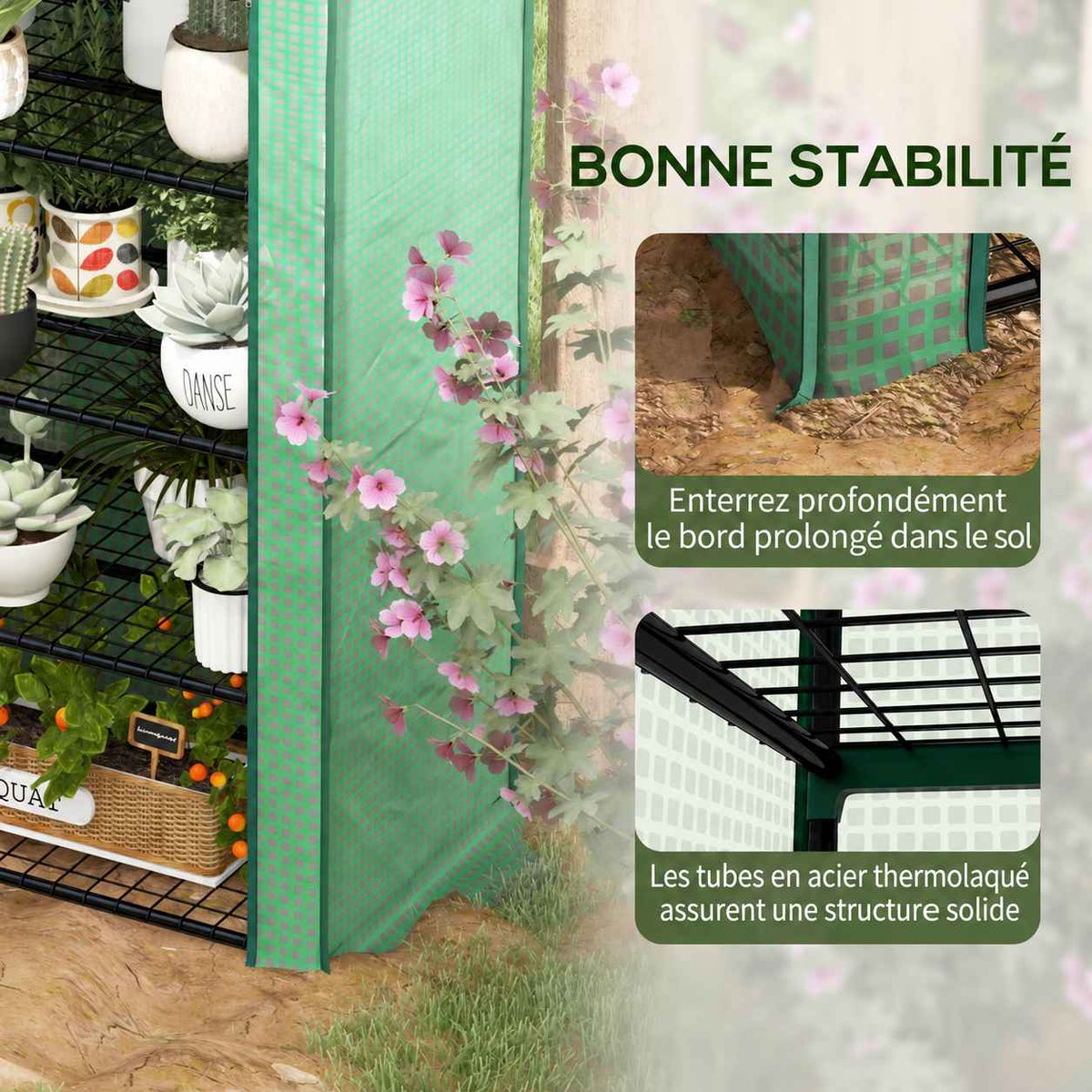 Détails du bas de housse verte et d’une tablette grillagée